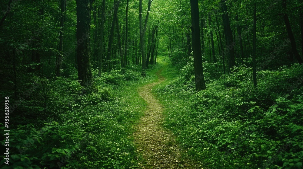 Fototapeta premium A green forest path with fallen leaves, a peaceful and inviting scene for a walk