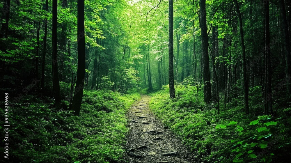 Obraz premium A green forest path with fallen leaves, a peaceful and inviting scene for a walk