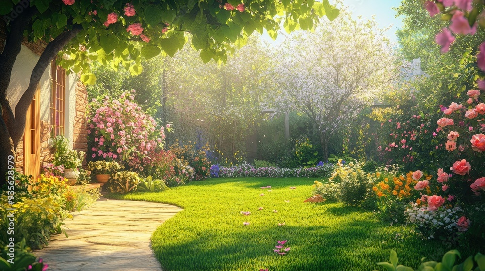 Obraz premium A green forest path with fallen leaves, a peaceful and inviting scene for a walk
