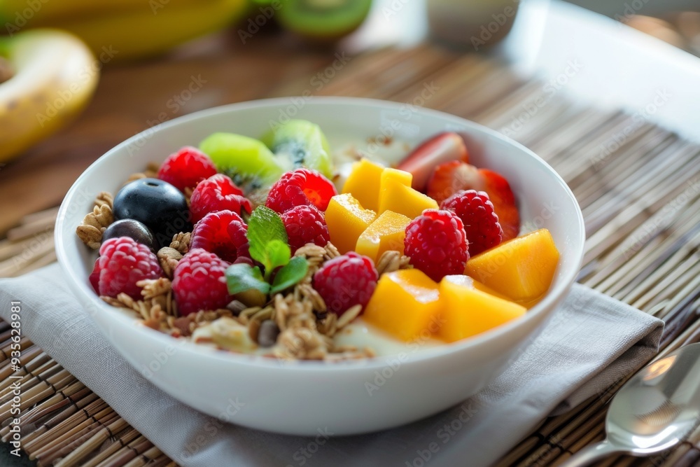 A vibrant fruit and yogurt bowl garnished with granola served on a wooden table during a sunny breakfast in a cozy kitchen