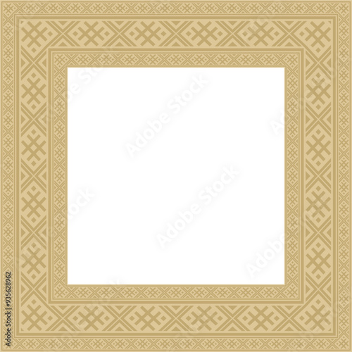 Vector golden square belarusian national ornament frame. Ethnic pattern rectangle of Slavic peoples, Russian, Ukrainian, Serb, Pole, Bulgarian. Cross stitch templat