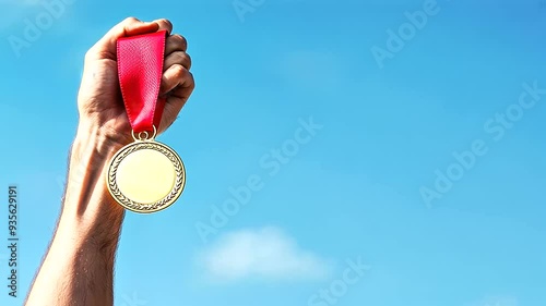 A victorious hand rises triumphantly, holding a gold medal on the ribbon high against a backdrop of clear blue sky, symbolizing achievement and success