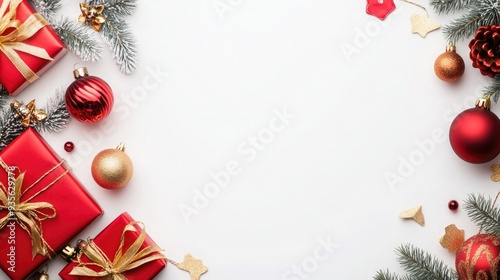 White background, red and gold New Year decorations on the left side of the image2.jpeg, White background, red and gold New Year decorations on the left side of the image photo