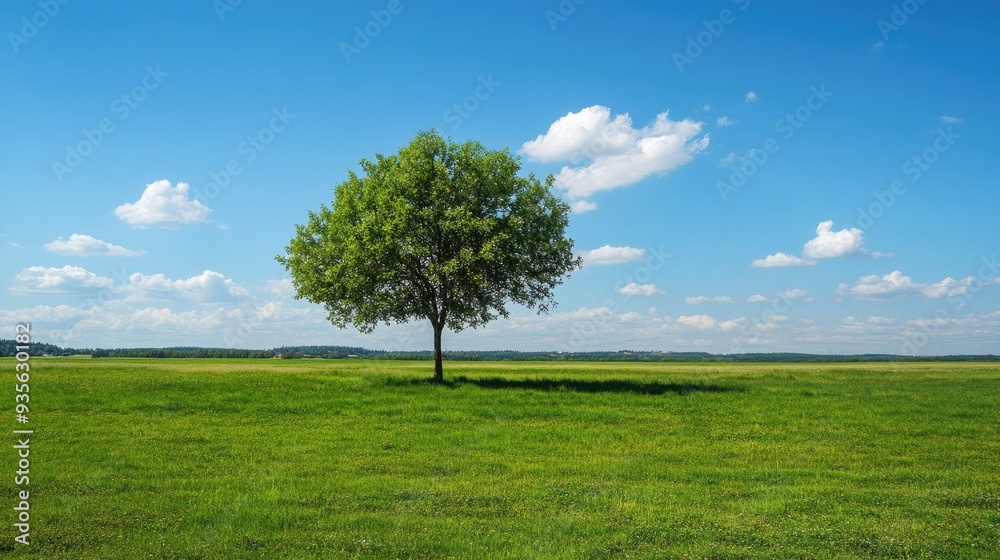 A green meadow with a single tree under a bright blue sky, peaceful and serene A green meadow with a single tree under a bright blue sky, peaceful and serene