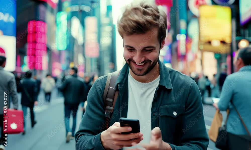 Polish Man Smiling While Using Mobile Phone in Tokyo Polish Man Smiling While Using Mobile Phone in Tokyo