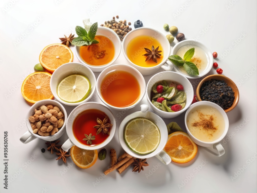 Vibrant arrangement of various tea cups filled with green, black, fruit, and herbal teas, adorned with fresh fruits and spices, on a clean white background with watercolor accents. Vibrant arrangement of various tea cups filled with green, black, fruit, and herbal teas, adorned with fresh fruits and spices, on a clean white background with watercolor accents.