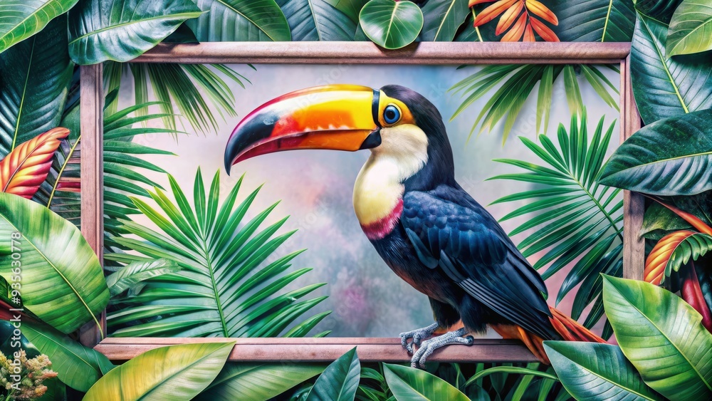 Vibrant tropical leaves frame a colorful toucan perched on a branch, surrounded by lush greenery, with ample space for text, advertising, or menu placement.