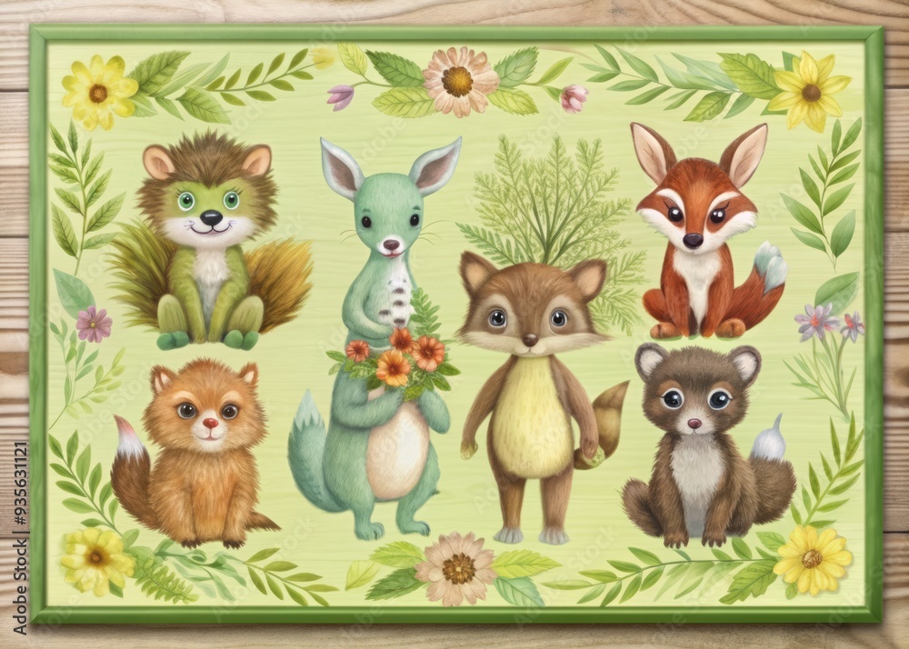 Naklejka premium hedgehog safari fox style bear animal raccoon 3d deer squirrel set hare timberland watercolor invitation clip art cute background plant illustration frame flower isolated nature wood cartoon template