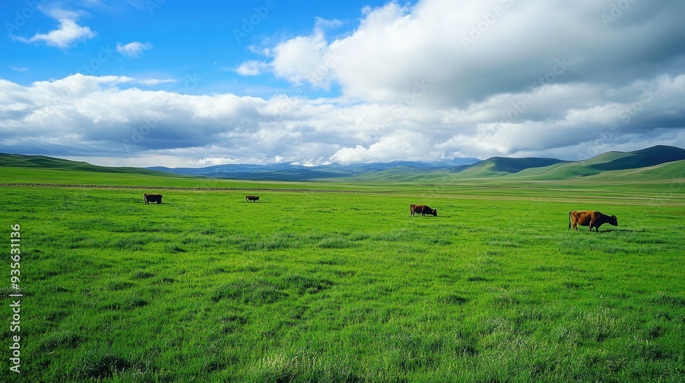 A green pasture with grazing cows, a peaceful and rural scene of agriculture A green pasture with grazing cows, a peaceful and rural scene of agriculture