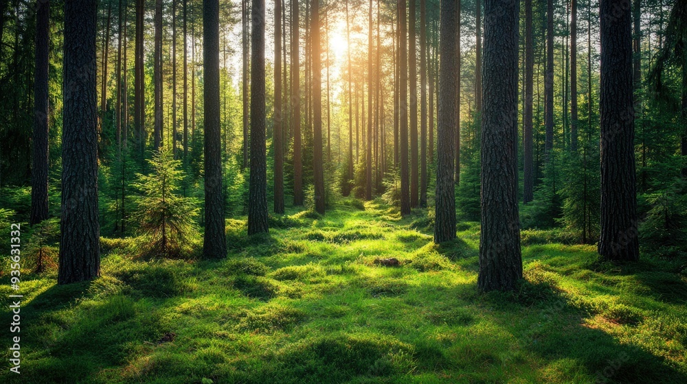 Naklejka premium A green pine forest with tall trees reaching towards the sky, peaceful and majestic