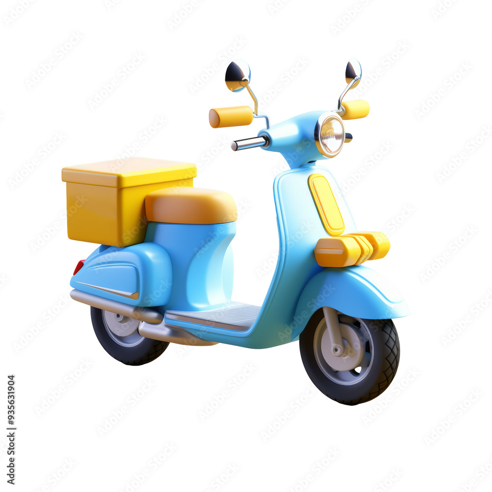 A blue and yellow scooter with a delivery box on the back.