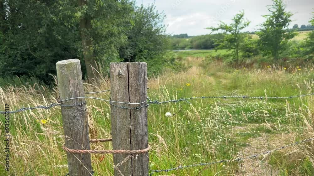 A rustic wooden fence post with barbed wire securing a lush green meadow, field with wildflowers in bloom. Concept of rural life and countryside security A rustic wooden fence post with barbed wire securing a lush green meadow, field with wildflowers in bloom. Concept of rural life and countryside security