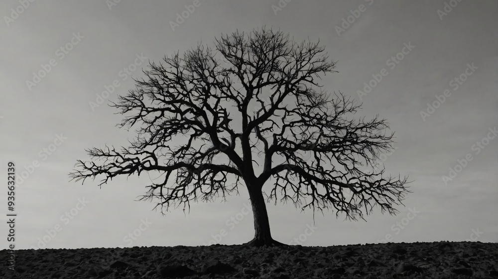 A bare tree rises prominently against the gray sky, its intricate branches stretching outward. The ground appears barren, reflecting the starkness of the winter season, copy space A bare tree rises prominently against the gray sky, its intricate branches stretching outward. The ground appears barren, reflecting the starkness of the winter season, copy space