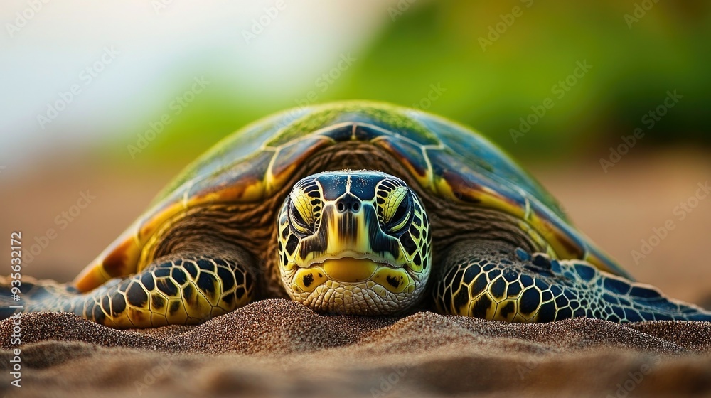 Obraz premium A green turtle resting on a sandy beach, symbolizing nature's resilience and beauty