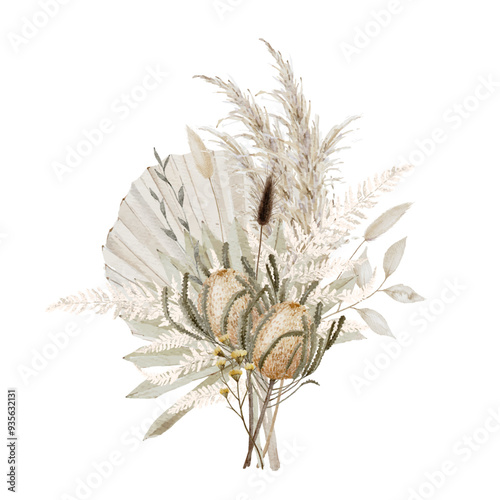 Watercolor Boho Flowers Bouquet with Banksia, Dried Palm Leaves, Pampas, Fern and Bunny Tails
