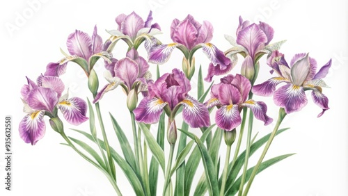 Delicate watercolor illustration of beautiful purple iris flowers with intricate green leaves and winding stems set against a crisp white background.