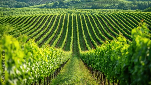 A green vineyard with rows of grapevines stretching into the distance, peaceful and productive