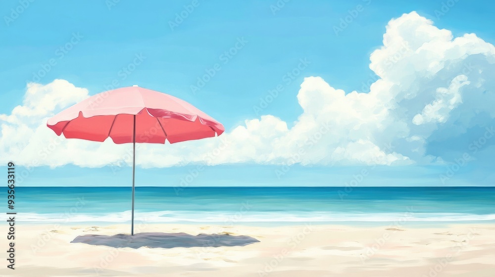A pink beach umbrella on a sunny day, providing shade and relaxation A pink beach umbrella on a sunny day, providing shade and relaxation