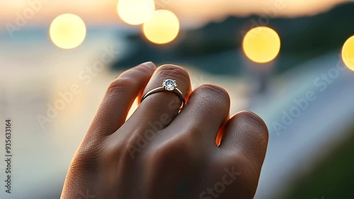 A close-up of a diamond ring on a woman's hand during a proposal, with a scenic seaside view in the background and cozy evening lights softly illuminating the moment, capturing the romance and signifi photo