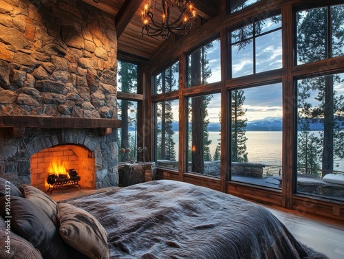 Elegant master bedroom in a lake house with fireplace and stunning lake tahoe views photo