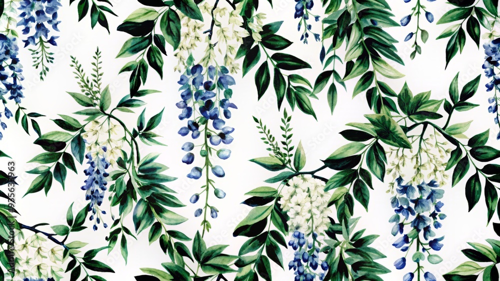Blue watercolor wisteria flowers on white background, seamless pattern. Blue watercolor wisteria flowers on white background, seamless pattern.