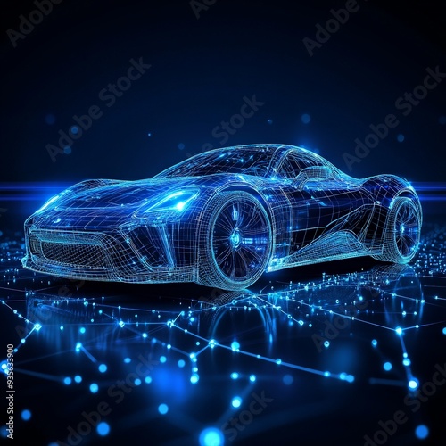 Sleek Futuristic Car in Wireframe on Blue Starry Sky