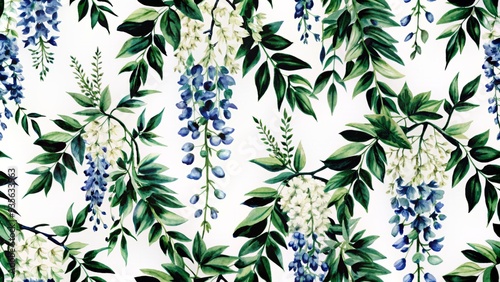 Blue watercolor wisteria flowers on white background, seamless pattern.
