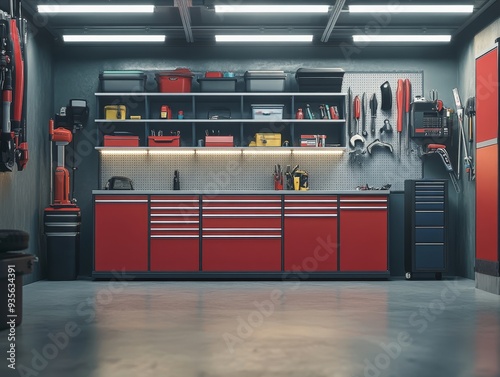 Sleek and organized modern garage interior featuring storage cabinets and diverse tools