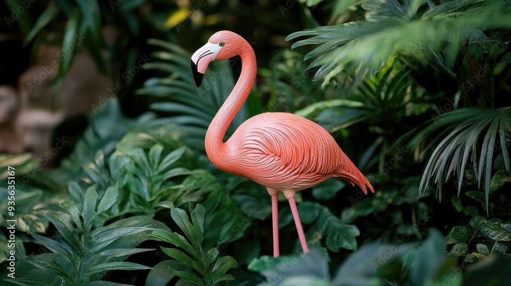 Fototapeta premium A pink flamingo garden statue among green foliage, symbolizing tropical elegance