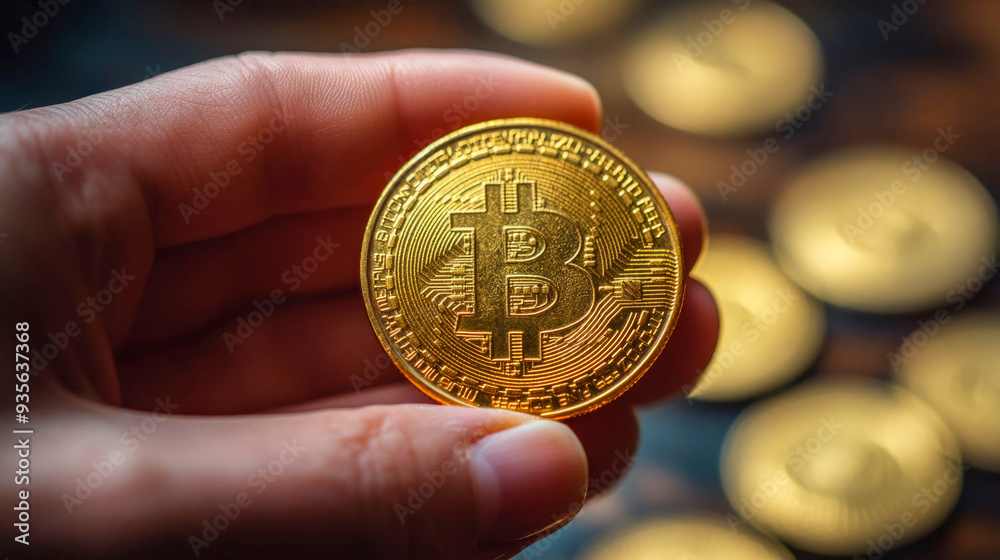 Businessman holding physical bitcoin cryptocurrency coin with other coins out of focus in background Businessman holding physical bitcoin cryptocurrency coin with other coins out of focus in background