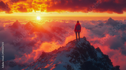 Hiker is standing on a snow capped mountain peak above the clouds at sunset photo