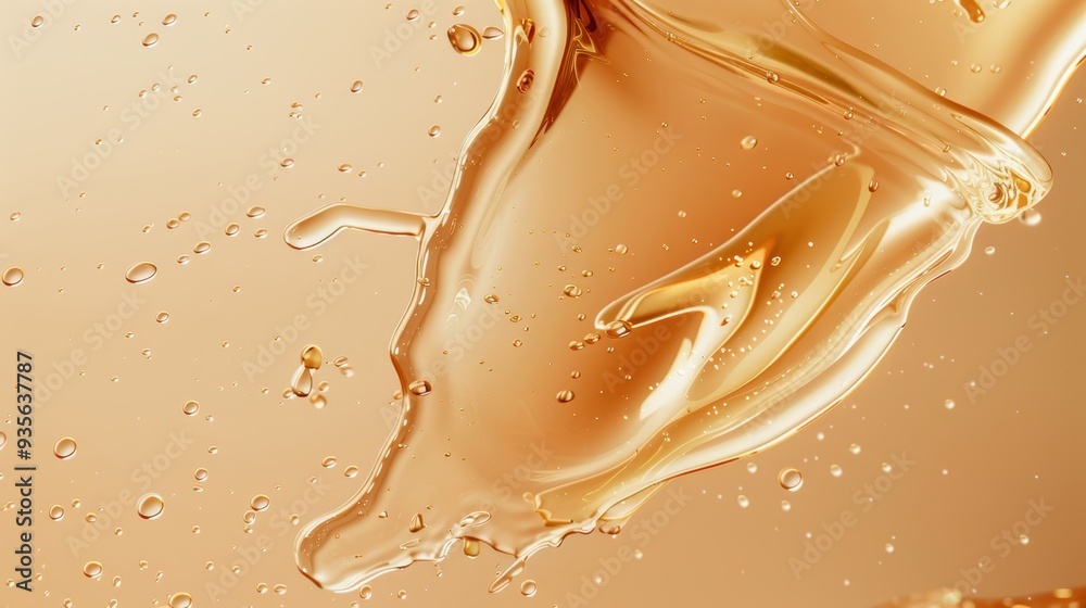 Fototapeta premium Close-up of a liquid with a golden hue, possibly a type of oil or syrup, with bubbles and a dynamic flow pattern