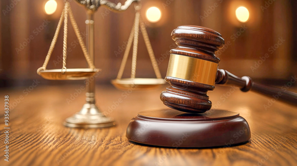 Wooden judge's gavel resting on sound block with scales of justice in background, suggesting concepts of law, justice, and legal proceedings Wooden judge's gavel resting on sound block with scales of justice in background, suggesting concepts of law, justice, and legal proceedings