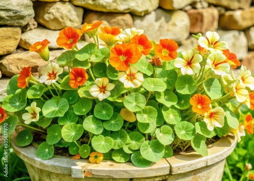 Vibrant orange and white nasturtium flowers with delicate petals and rounded leaves spill out of a rustic wooden planter on a sunny outdoor stone wall.