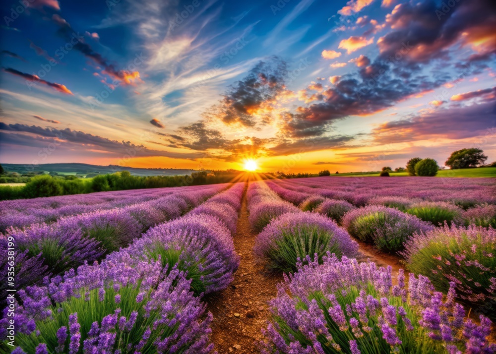 Fototapeta premium Serene landscape of blooming lavender fields stretching towards the horizon, with vibrant purple flowers contrasting against warm orange and pink hues of a breathtaking sunset.