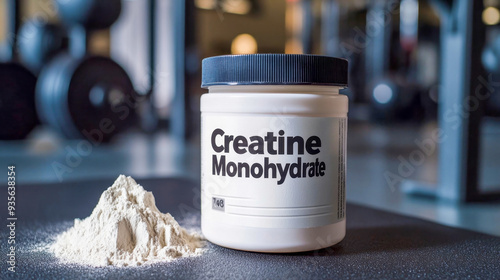Creatine monohydrate powder and supplement container sitting on a black mat in a gym setting