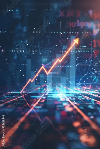 Futuristic raise arrow chart - stock market graph on digital background. Business and finance concept.	