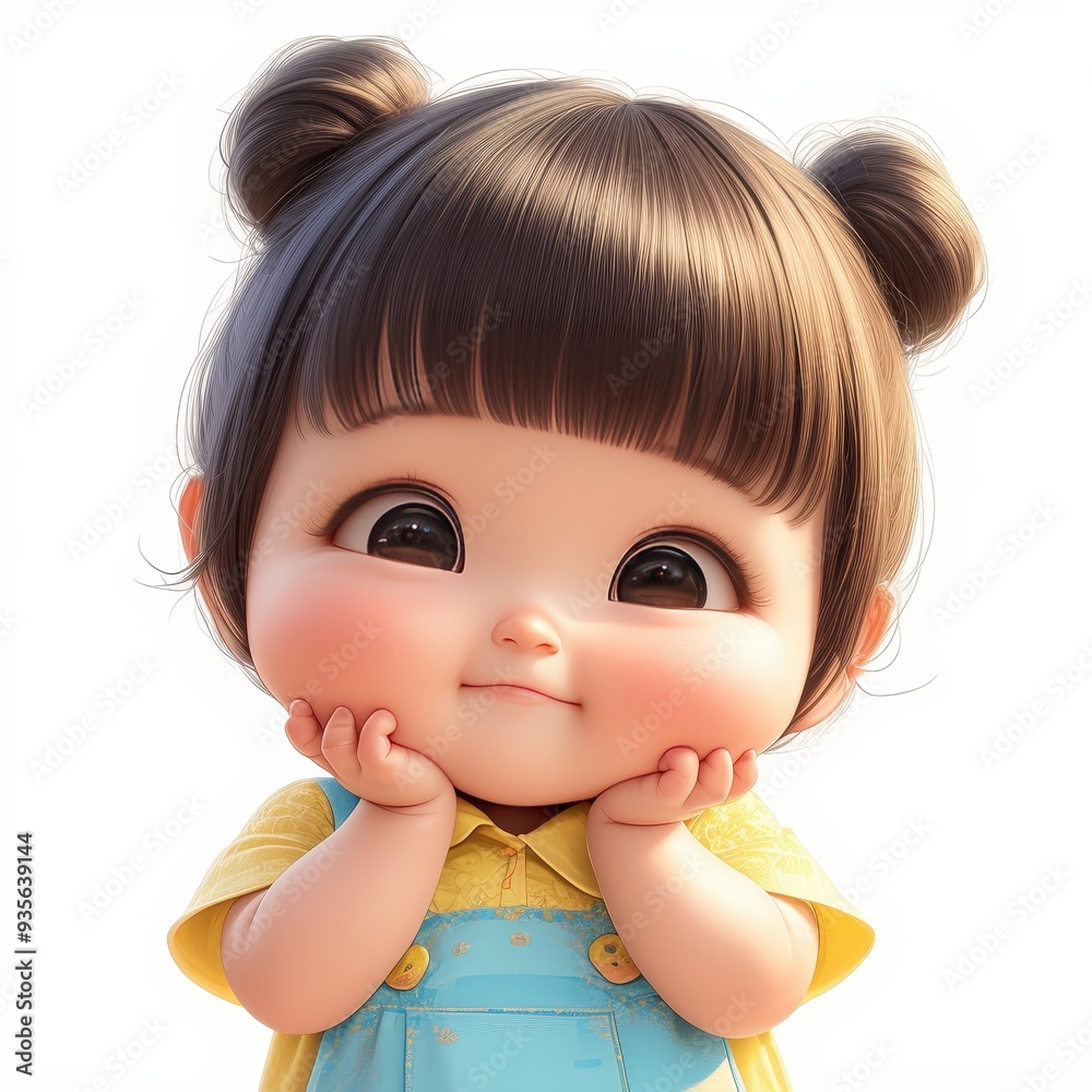 A cute cartoon girl with big eyes and a sweet smile, wearing a yellow shirt and blue overalls, looks up with her hands on her cheeks. A cute cartoon girl with big eyes and a sweet smile, wearing a yellow shirt and blue overalls, looks up with her hands on her cheeks.