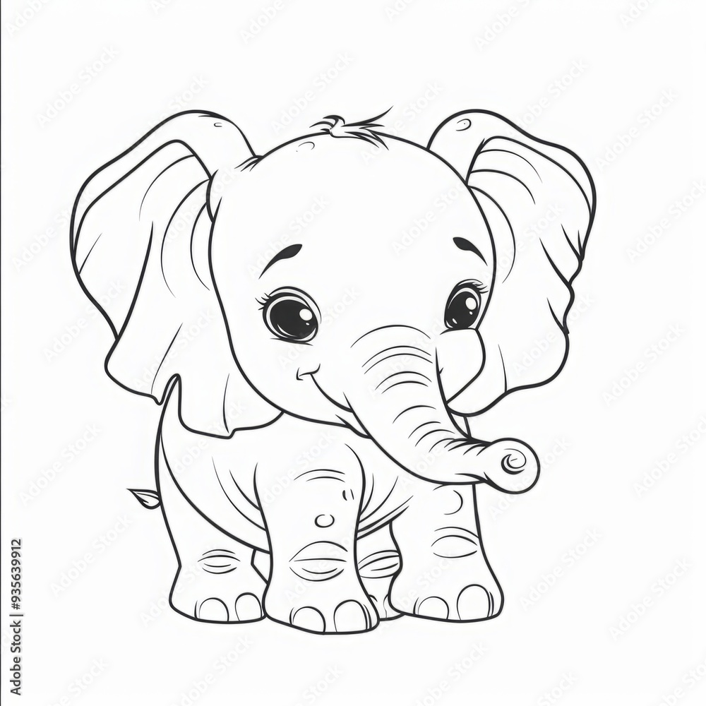 Smiling baby elephant with large eyes and curled trunk. Black and white line art illustration. Cute animal character design for coloring book. Generative AI Smiling baby elephant with large eyes and curled trunk. Black and white line art illustration. Cute animal character design for coloring book. Generative AI