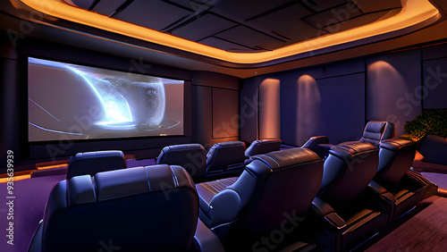 Home theater interior mock-up with reclining seats, a large screen, and surround sound speakers, 3D render