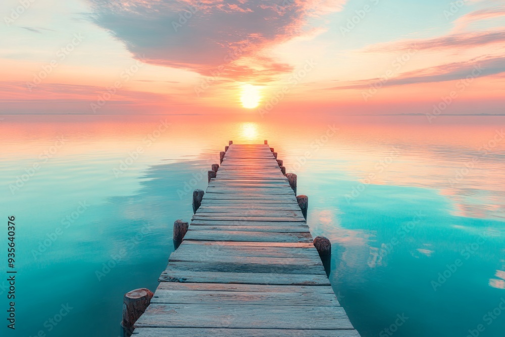 Obraz premium A serene wooden pier leading into calm waters at sunset. Soft colors blend together in the sky and reflect on the water. Perfect for relaxation and travel themes. Generative AI