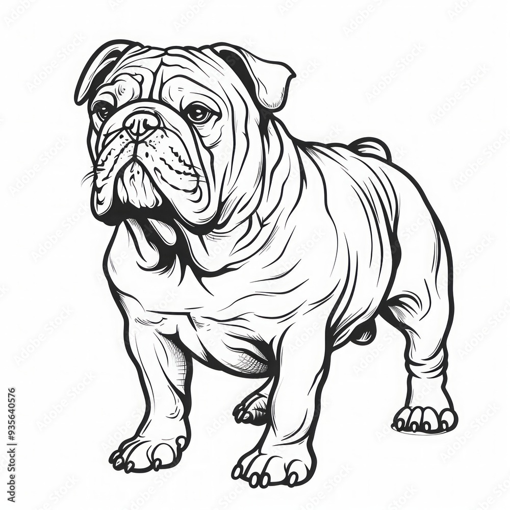 Standing bulldog with wrinkled face and muscular build. Black and white line art illustration. Cute animal character design for coloring book. Generative AI Standing bulldog with wrinkled face and muscular build. Black and white line art illustration. Cute animal character design for coloring book. Generative AI