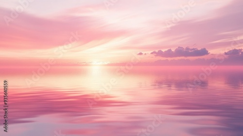 A pink sunset over a calm lake, reflecting the soft colors of the sk