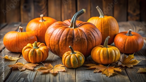 Close-up of pumpkins on a wooden table