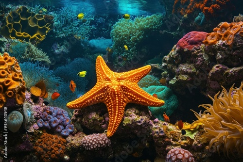 An Orange Starfish Resting on a Coral Reef