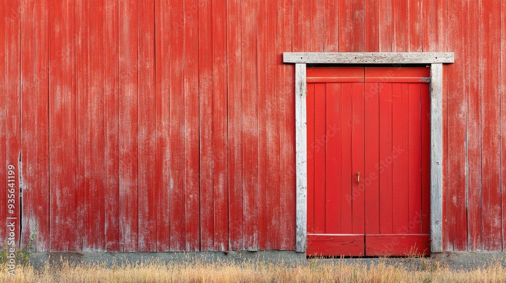 A red barn door slightly open, inviting curiosity and exploration A red barn door slightly open, inviting curiosity and exploration