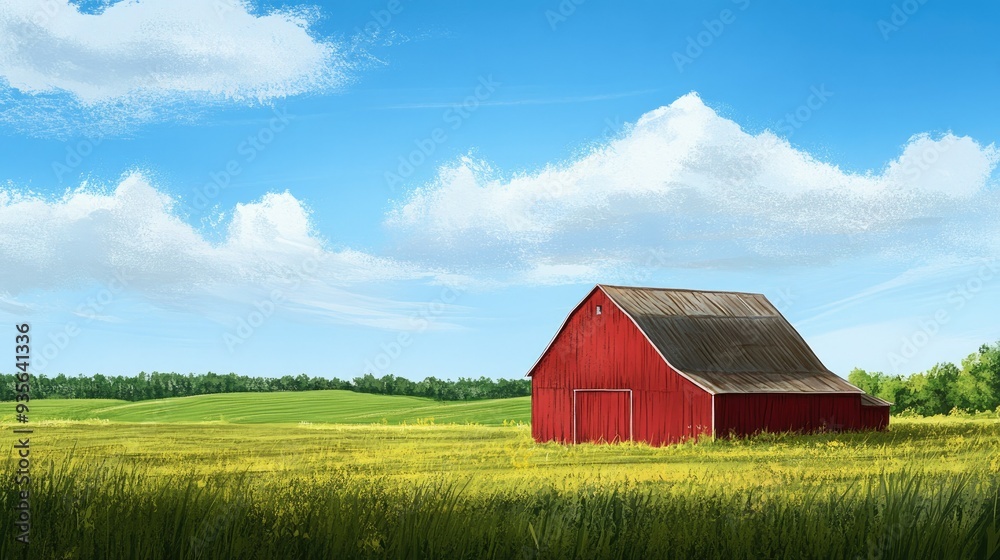 A red barn in a rural landscape, surrounded by green fields and blue sky