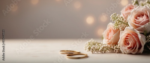 Wedding Rings and Roses with Blurred Lights in Background