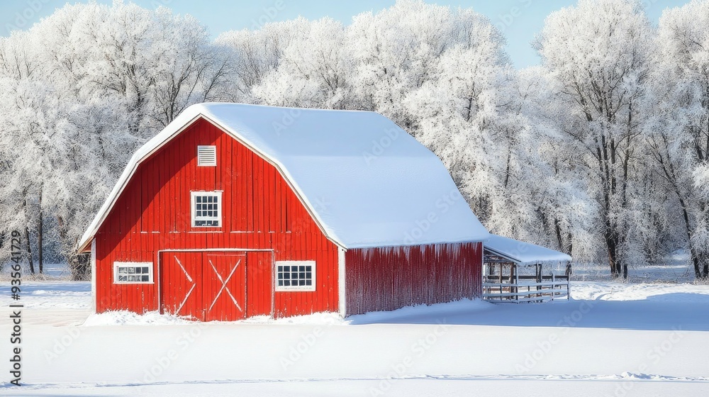 A red barn with a snow-covered roof, symbolizing rural life in winter A red barn with a snow-covered roof, symbolizing rural life in winter