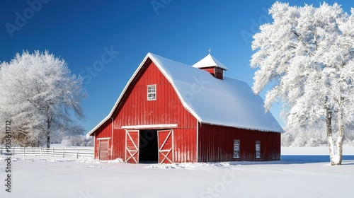 Wallpaper Mural A red barn with a snow-covered roof, symbolizing rural life in winter Torontodigital.ca